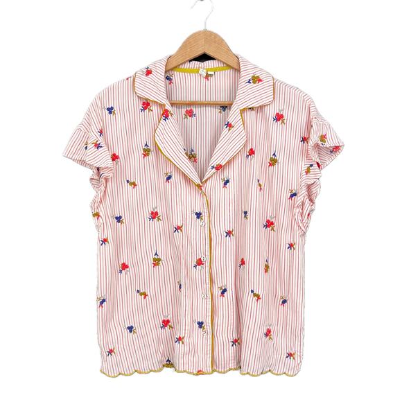 Anthropologie Pure + Good Floral Embroidered Striped Pajama Shirt Small - Picture 2 of 9